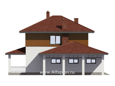 Проект загородного дома, c кабинетом на 1 эт и с террасой, гараж на 1 авто + навес на 2 авто - превью фасада дома