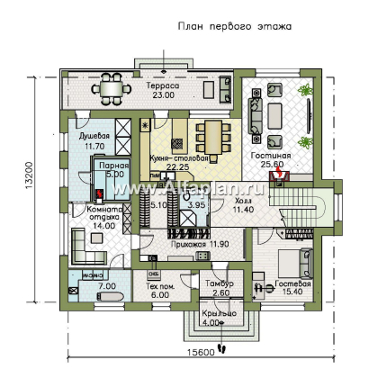 «Репутация» - красивый проект двухэтажного дома из газобетона, планировка с эркером и сауной, в английском стиле - превью план дома