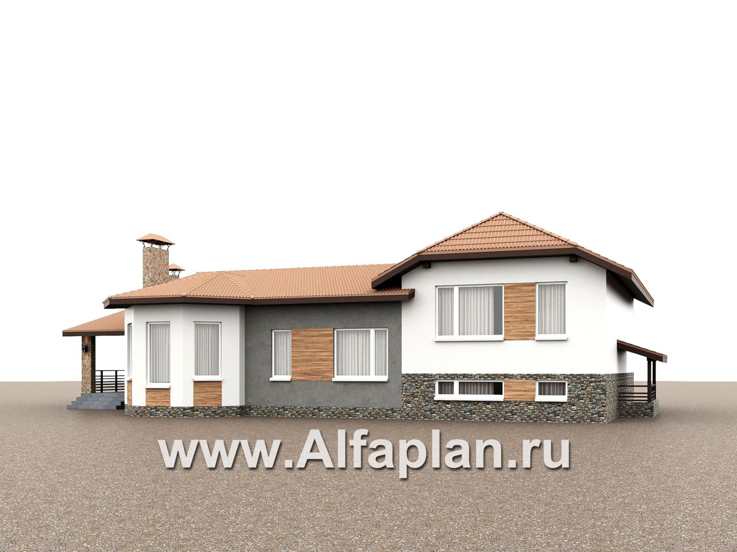 «Ной и команда» - проект полутораэтажного коттеджа, планировка мастер спальня, с эркером и с террасой, с сауной в цоколе - дизайн дома №2