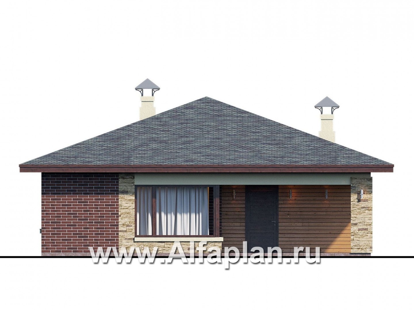 Проекты домов Альфаплан - «Дега» - проект одноэтажного дома из газобетона, с террасой - изображение фасада №1