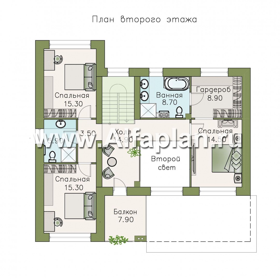 Проекты домов Альфаплан - «Ренуар» - изящный коттедж с двумя комнатами на первом этаже - изображение плана проекта №2