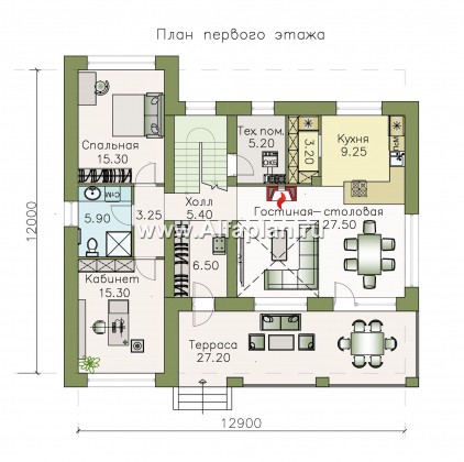 Проекты домов Альфаплан - «Ренуар» - изящный коттедж с двумя комнатами на первом этаже - превью плана проекта №1