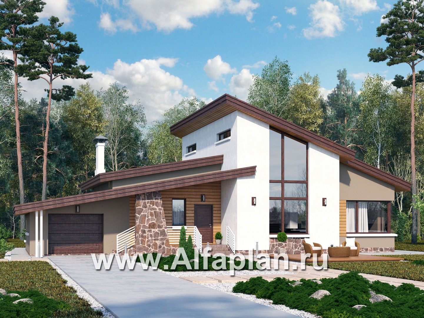Проекты домов Альфаплан - «Каприкорн» - комфортабельный коттедж с мансардой и гаражом - основное изображение