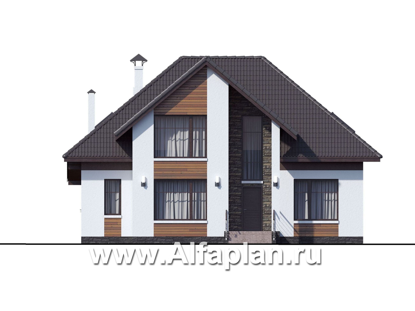 Проекты домов Альфаплан - «Кассиопея» - комфортабельный мансардный дом с рациональной планировкой - изображение фасада №1