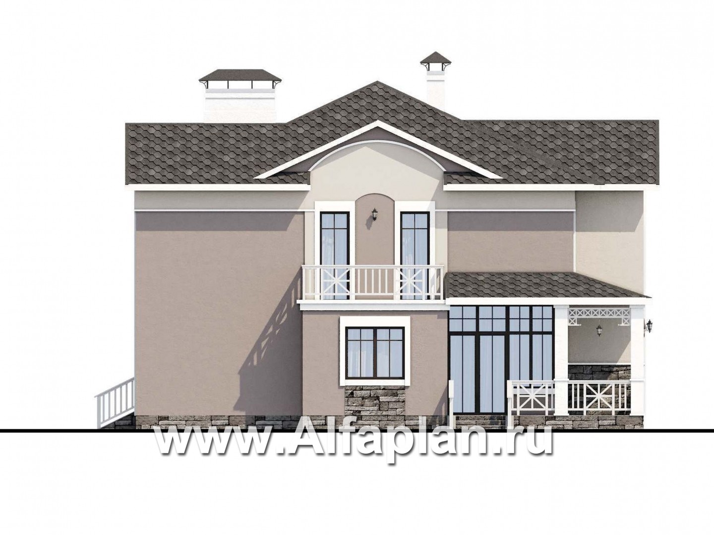 «Голицын» - проект двухэтажного дома, планировка с двусветной гостиной, угловая терраса с панорамным остеклением - фасад дома