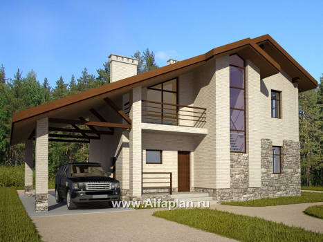 Проект дома с мансардой, планировка с террасой и навесом на 1 авто, в стиле минимализм - превью дополнительного изображения №4