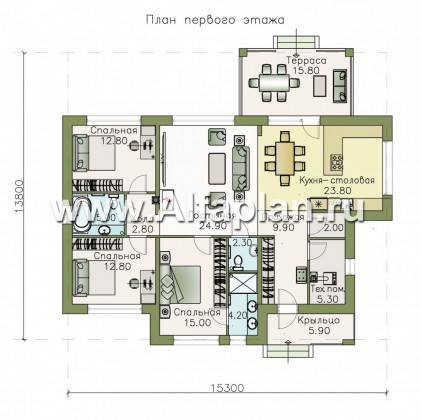 Проекты домов Альфаплан - «Наяда» - современный одноэтажный коттедж с террасой - превью плана проекта №1
