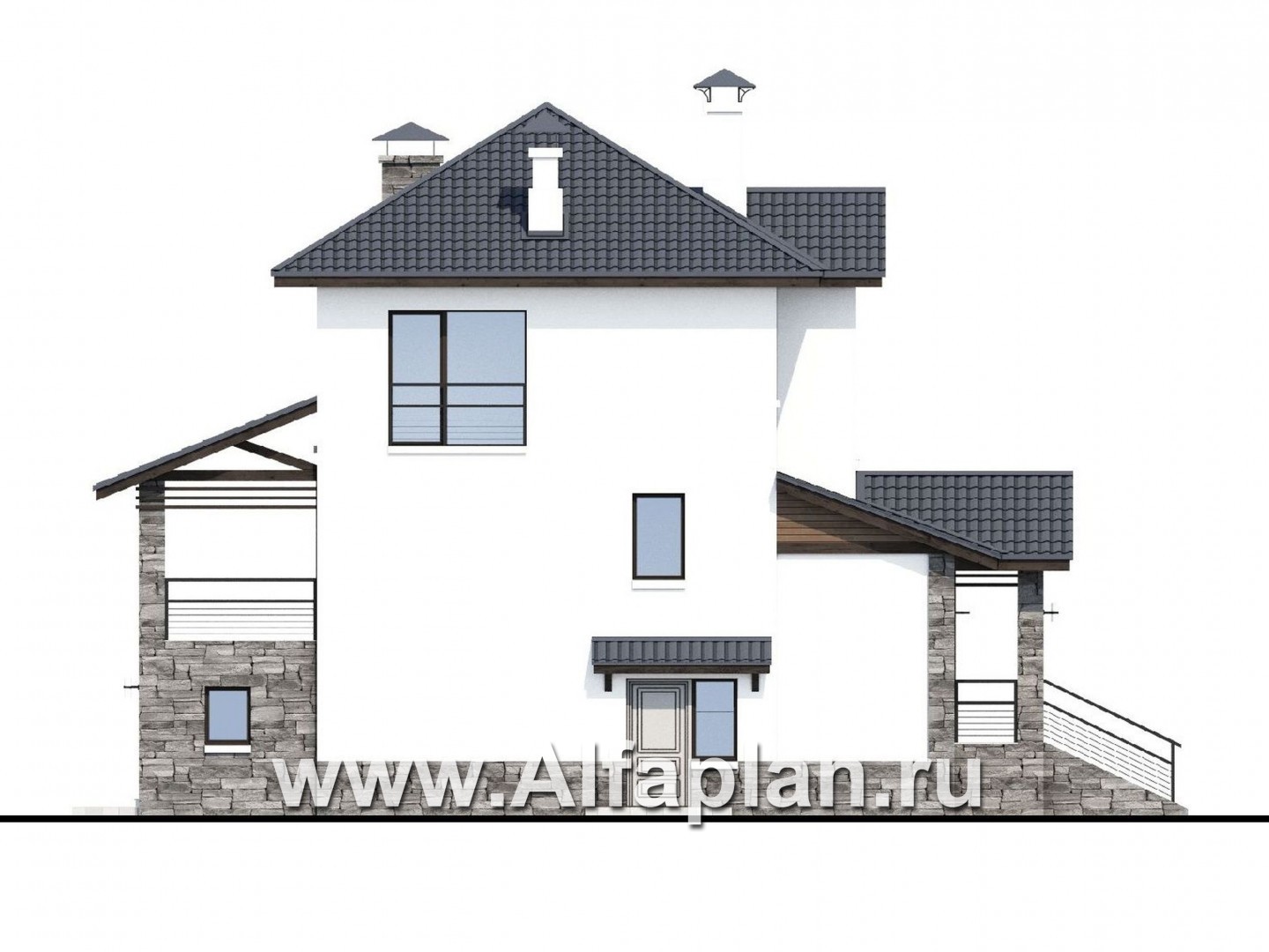 «Берег» - проект трехэтажного дома, с гаражом и сауной в цоколе на уровне земли, в современном стиле - фасад дома