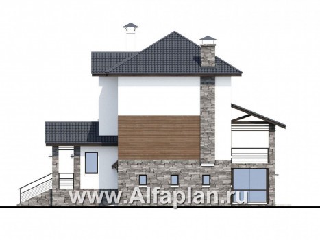 «Берег» - проект трехэтажного дома, с гаражом и сауной в цоколе на уровне земли, в современном стиле - превью фасада дома