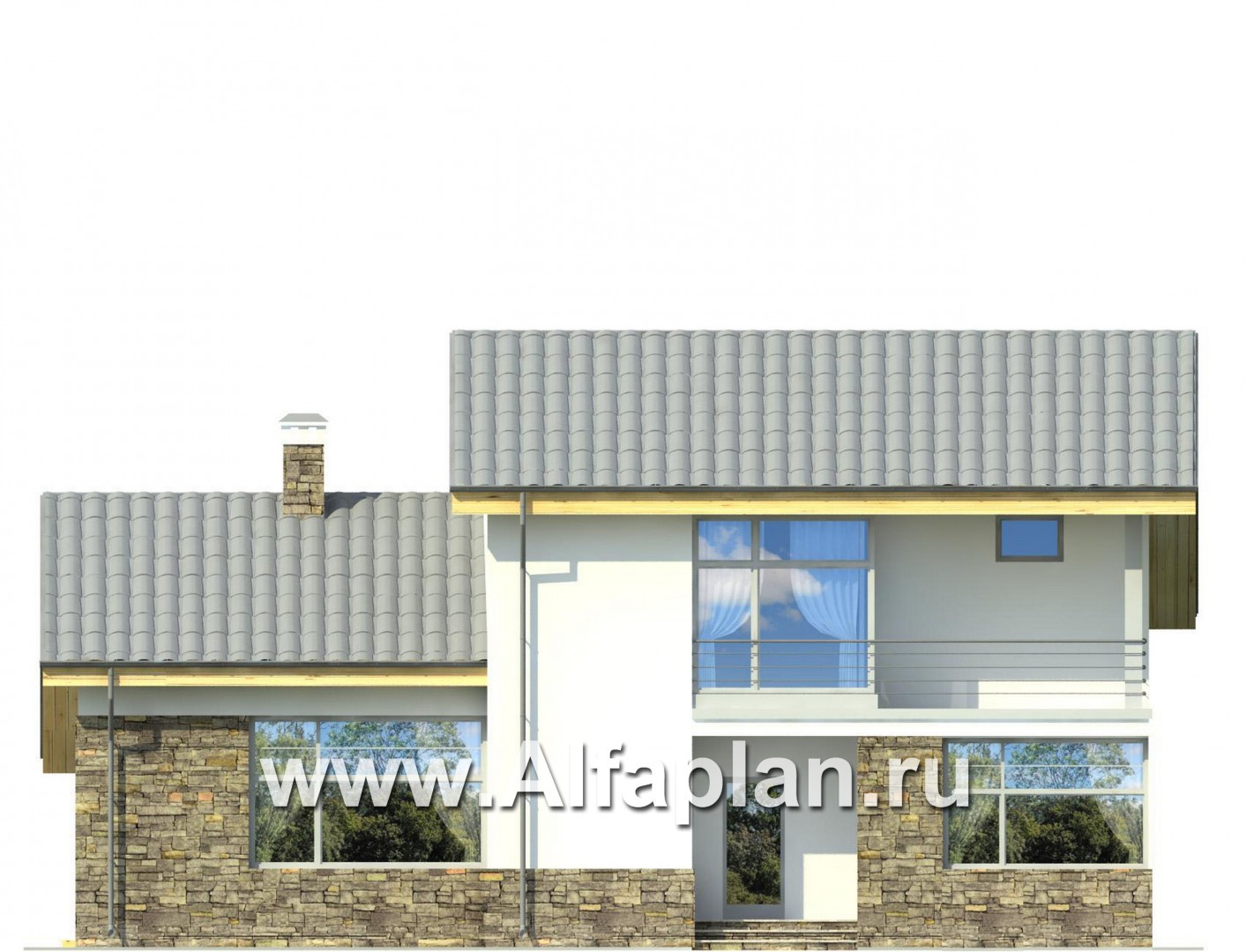 Проект дома с мансардой, план 2 спальни на 1 эт и второй свет гостиной, мастер спальня на 2 эт, с террасой, в стиле хай-тек - фасад дома