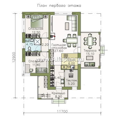 «Аэда» - проект одноэтажного дома, 2 спальни, с остекленной верандой, в современном стиле - превью план дома