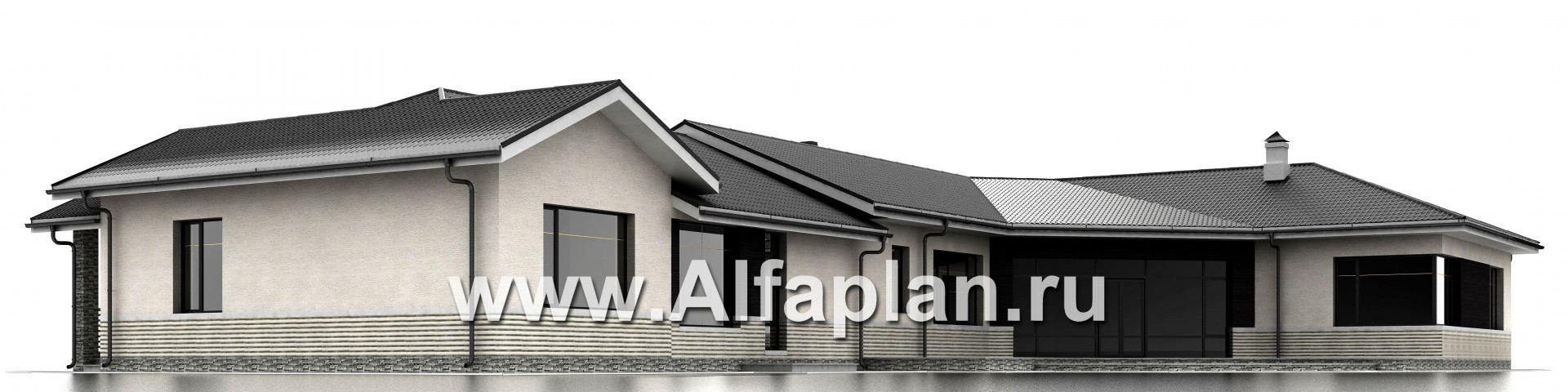 Проекты домов Альфаплан - «Модуль» — проект одноэтажного дома, со спортзалом и сауной, с бассейном и гостевой квартирой - изображение фасада №4