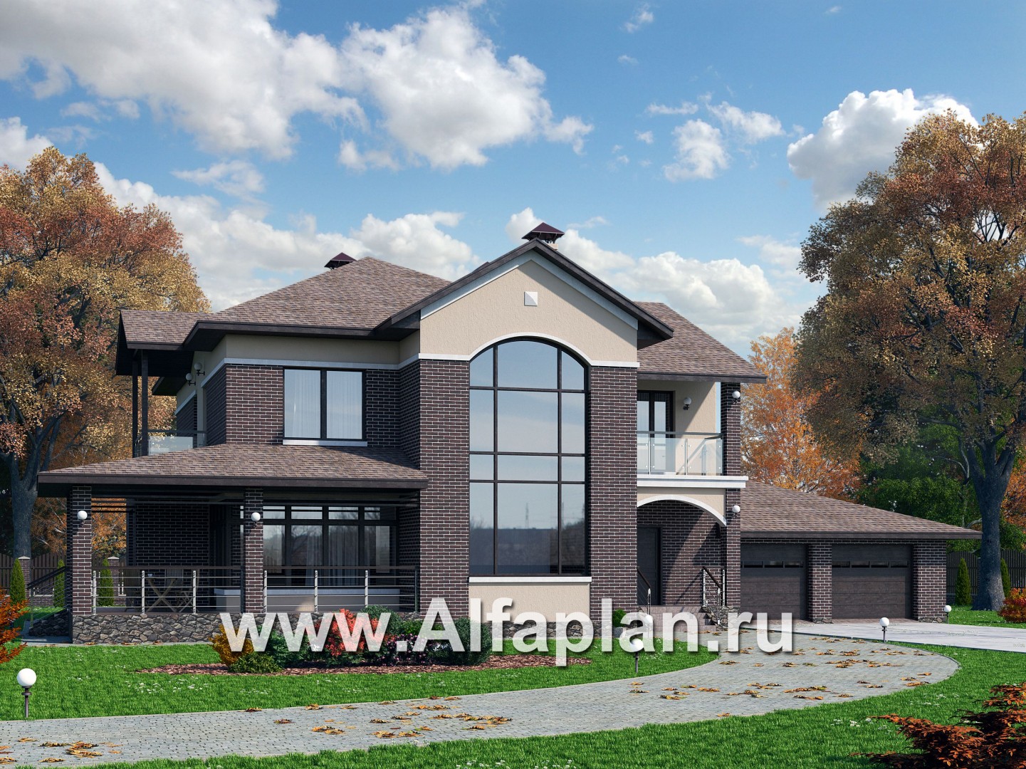 Проекты домов Альфаплан - «Голицын»- особняк с гаражом на два автомобиля - основное изображение