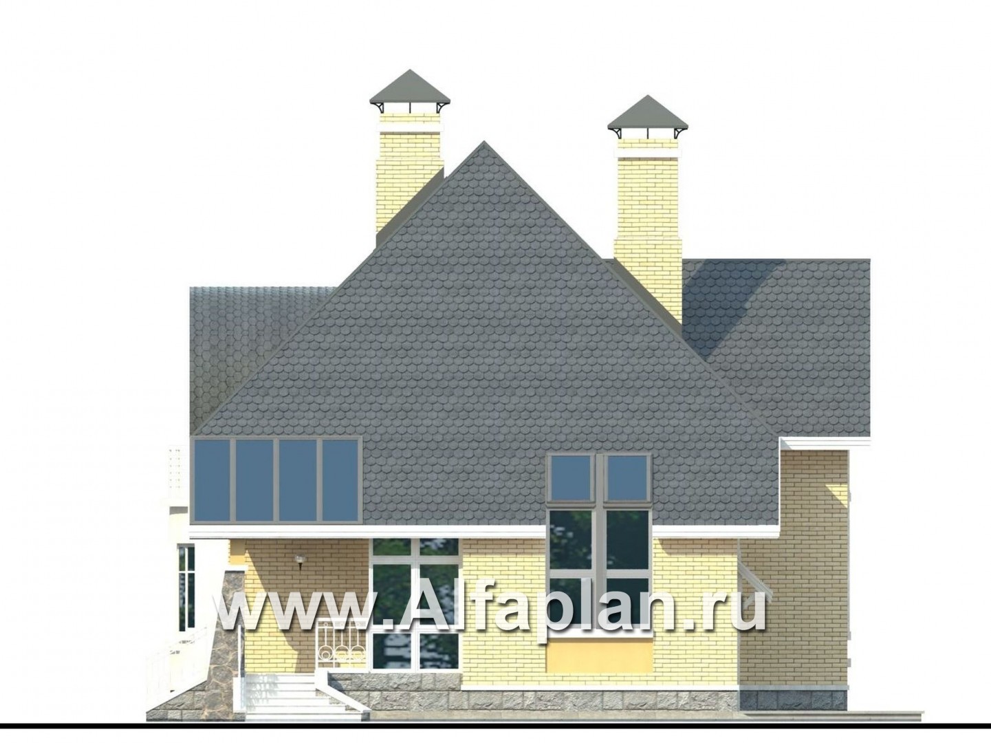 Проекты домов Альфаплан - «Свой остров» - коттедж с полукруглой гостиной и мансардными окнами - изображение фасада №2