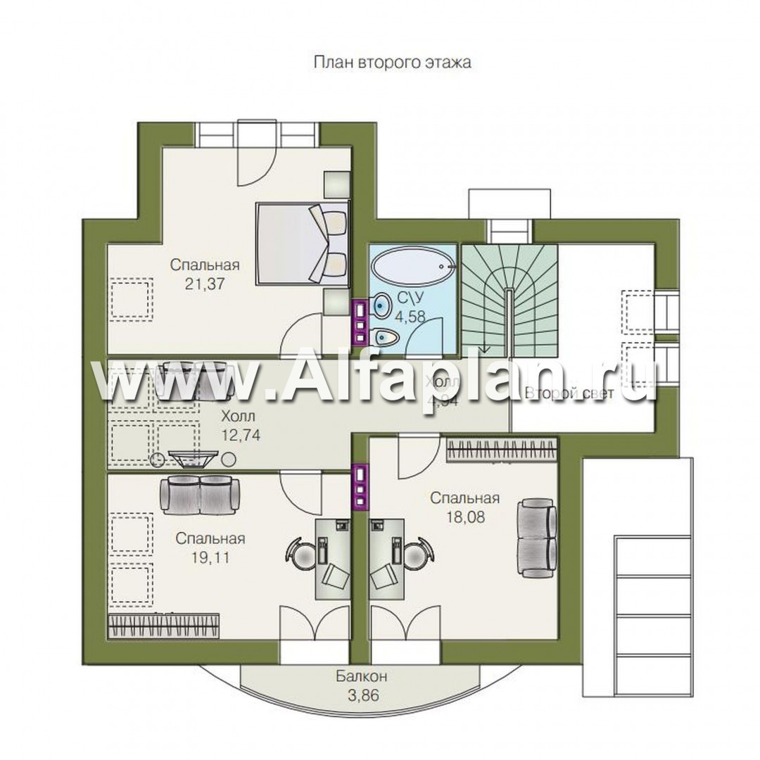 Проекты домов Альфаплан - «Свой остров» - коттедж с полукруглой гостиной и мансардными окнами - изображение плана проекта №2