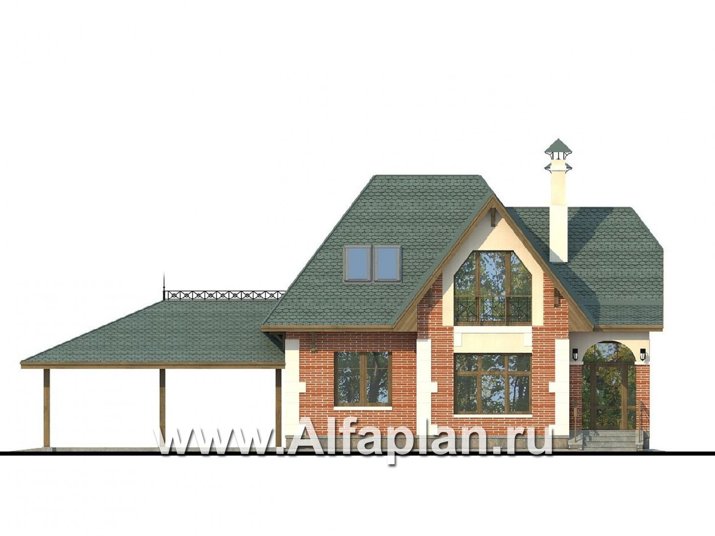 Проекты домов Альфаплан - «Летний вечер» - небольшой коттедж с нaвесом для машин - изображение фасада №1