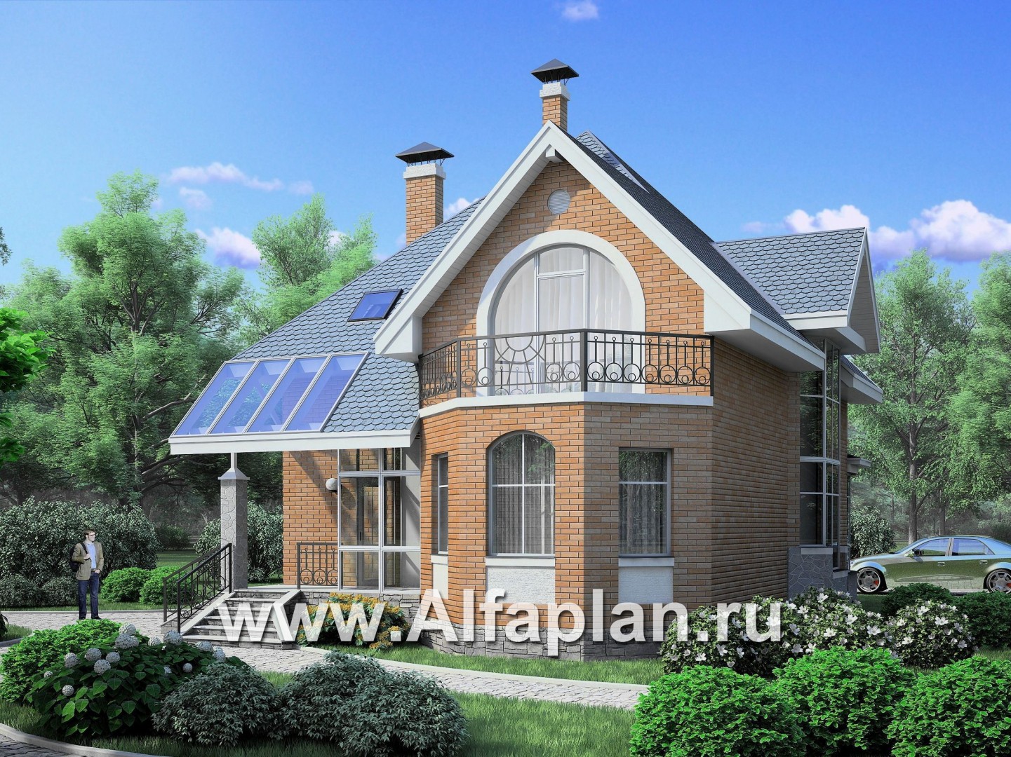 Проекты домов Альфаплан - «Романтика» - проект загородного дома с полукруглой верандой - основное изображение