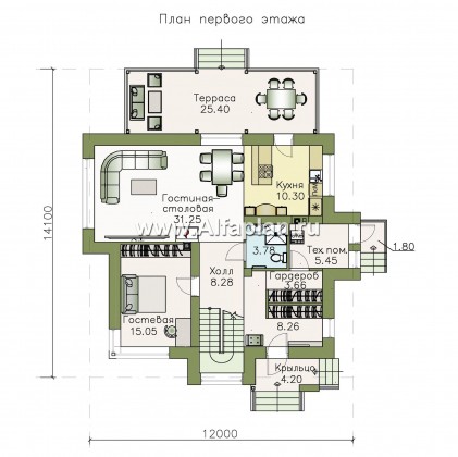 «Сириус» - красивый коттедж, проект дома с мансардой, из кирпича, фасад из штукатурки, с террасой, современный стиль - превью план дома