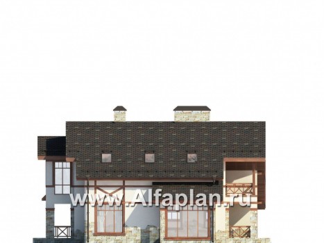 Проект дома с мансардой, планировка с террасой и кабинетом на 1 эт, с гаражом на 2 авто и сауной, в стиле фахверк - превью фасада дома