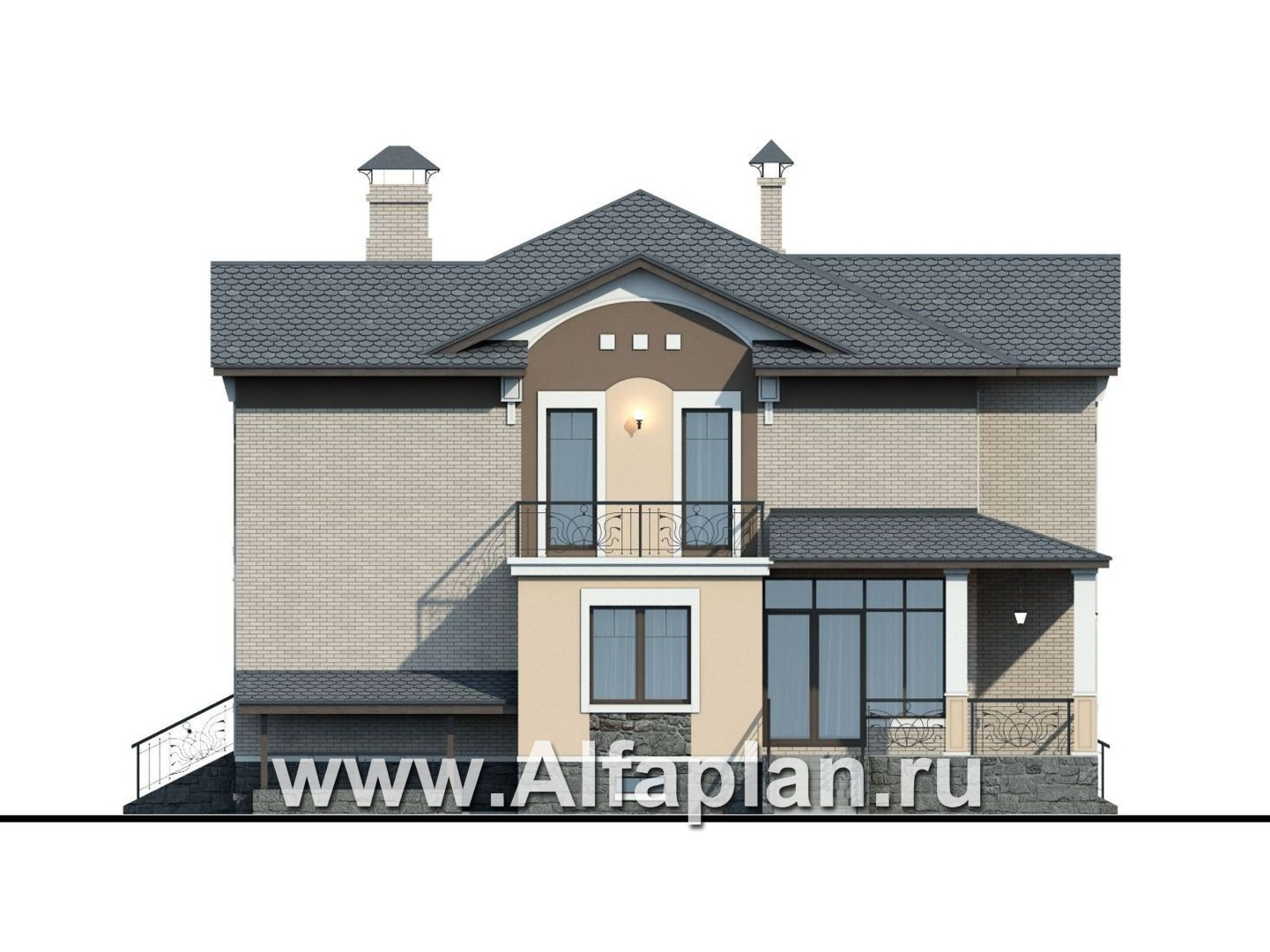 «Голицын»- проект двухэтажного дома, с двусветной гостиной и с террасой, в стиле модерн, с цокольным этажом - фасад дома