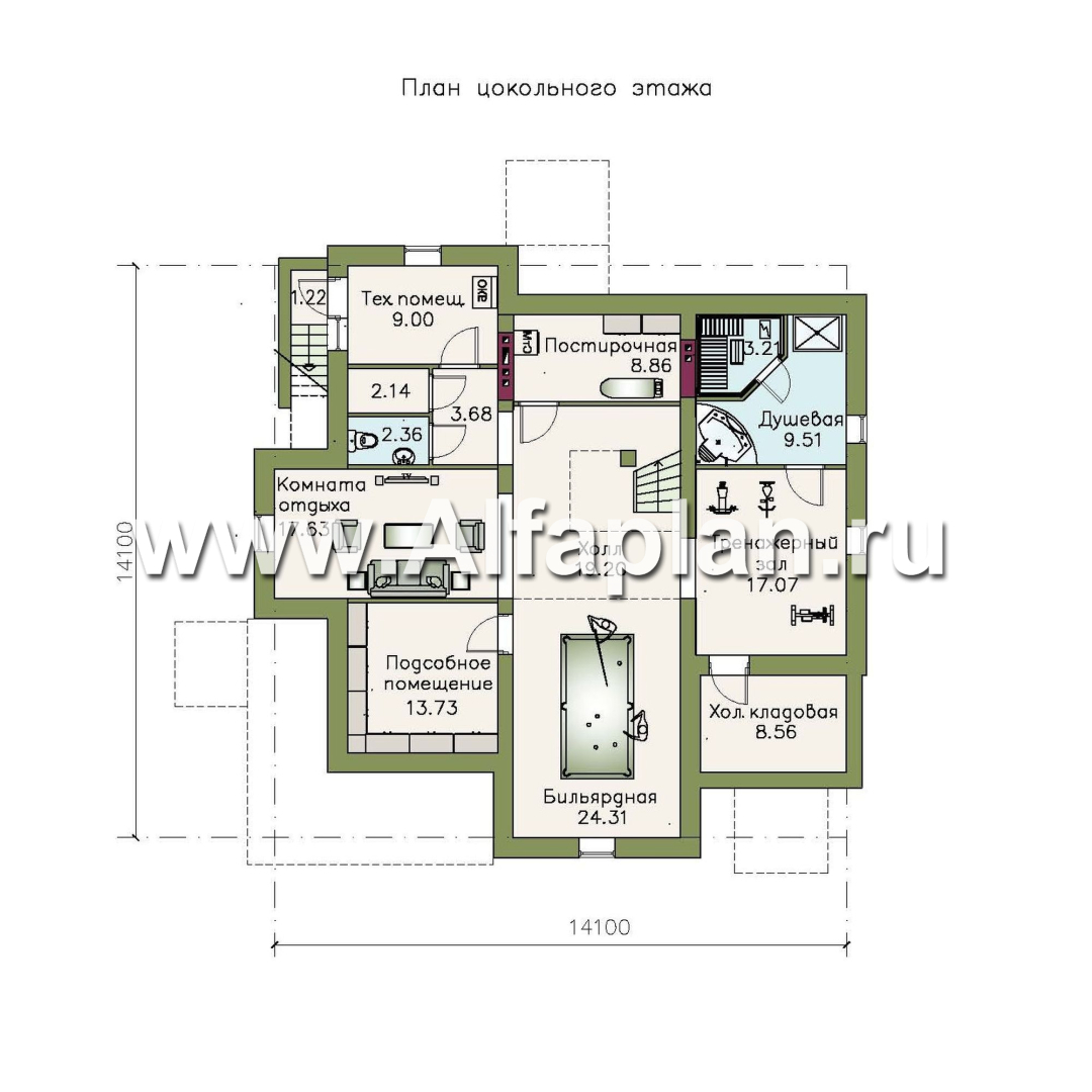 «Голицын»- проект двухэтажного дома, с двусветной гостиной и с террасой, в стиле модерн, с цокольным этажом - план дома