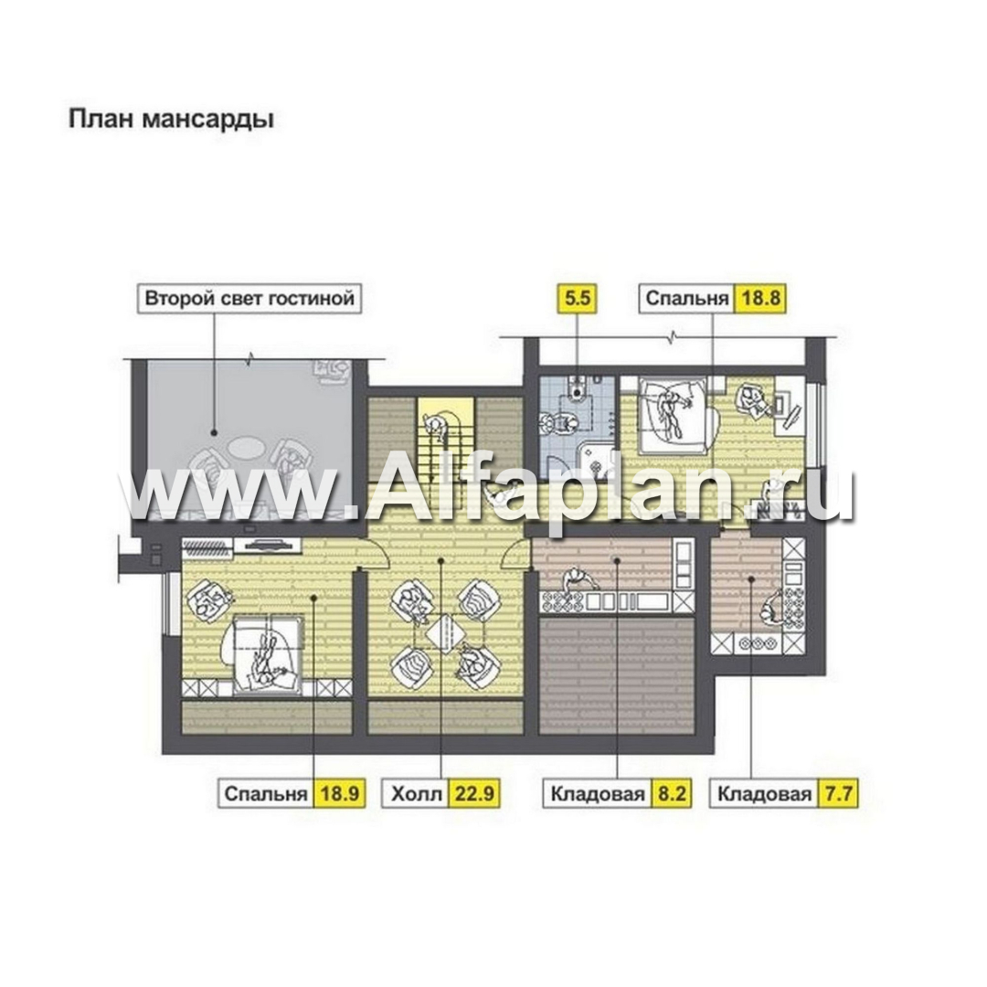 Проект дома с мансардой, 3 спальни на 1эт и сауна, с террасой, второй свет в гостиной, в современном стиле - план дома