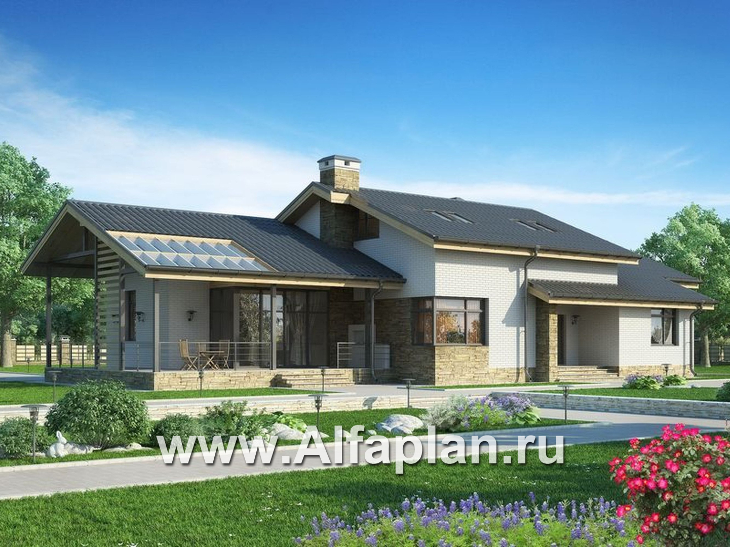 Проект дома с мансардой, 3 спальни на 1эт и сауна, с террасой, второй свет в гостиной, в современном стиле - основное изображение