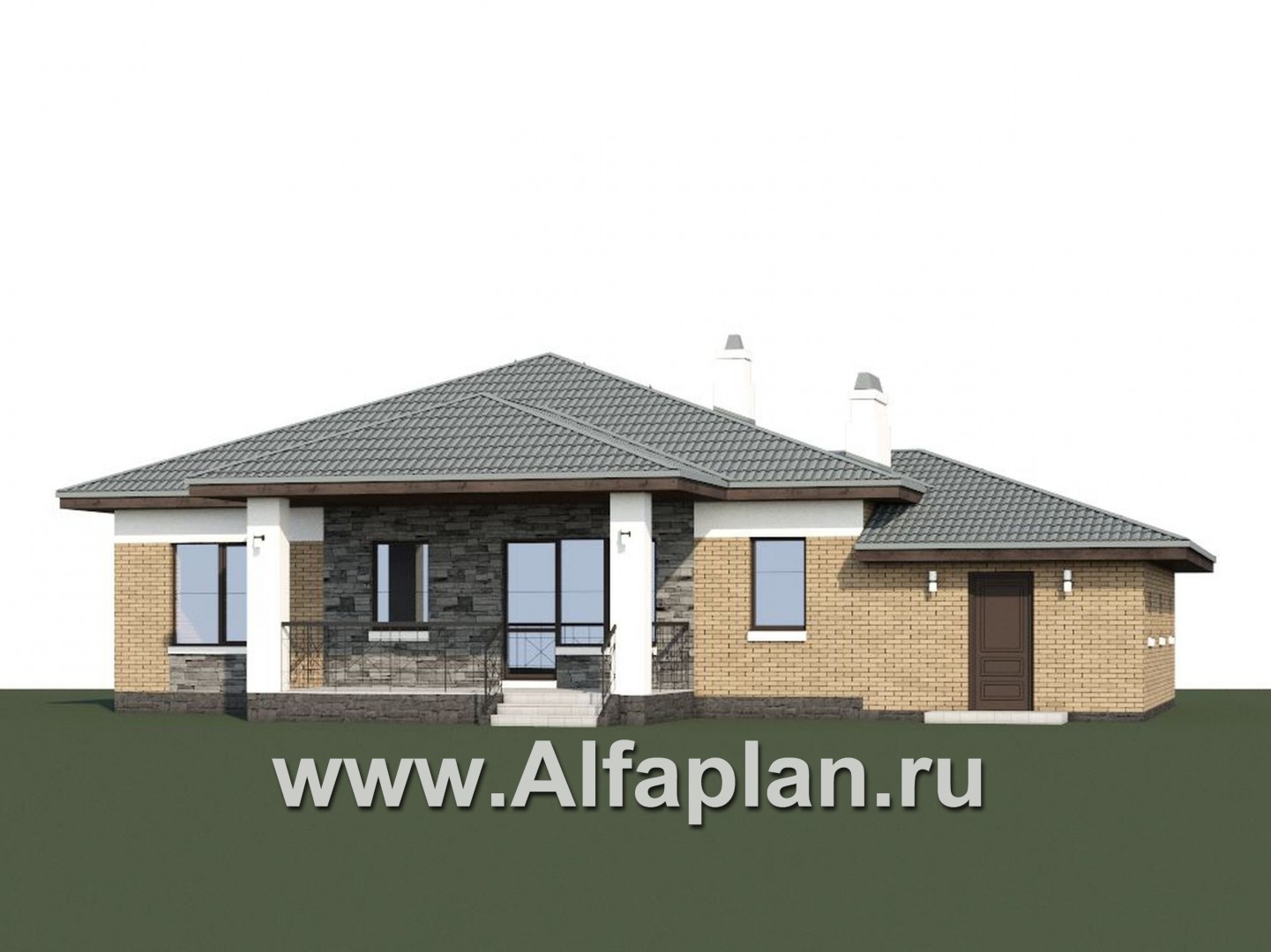 Проекты домов Альфаплан - Проект одноэтажного дома из кирпичей «Княженика», с гаражом - дополнительное изображение №1