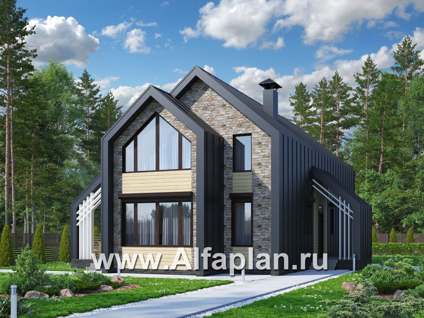 Проекты домов Альфаплан - «Омега» - двухэтажный каркасный дом с пятью спальнями - основное изображение