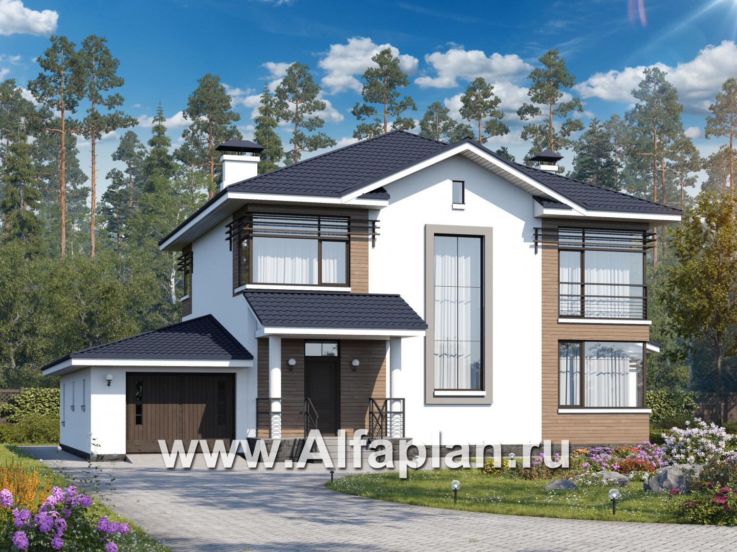 Проекты домов Альфаплан - «Рассвет» - коттедж с эффектными угловыми окнами, гаражом и верандой - основное изображение