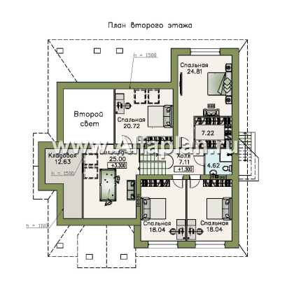 Проекты домов Альфаплан - «Суверен» - полутораэтажный коттедж с небольшим цоколем и мансардой - превью плана проекта №2