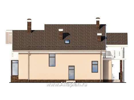 Проект дома с мансардой, планировка с кабинетом на 1 эт и навесом на 2 авто, с угловой террасой, в стиле минимализм - превью фасада дома