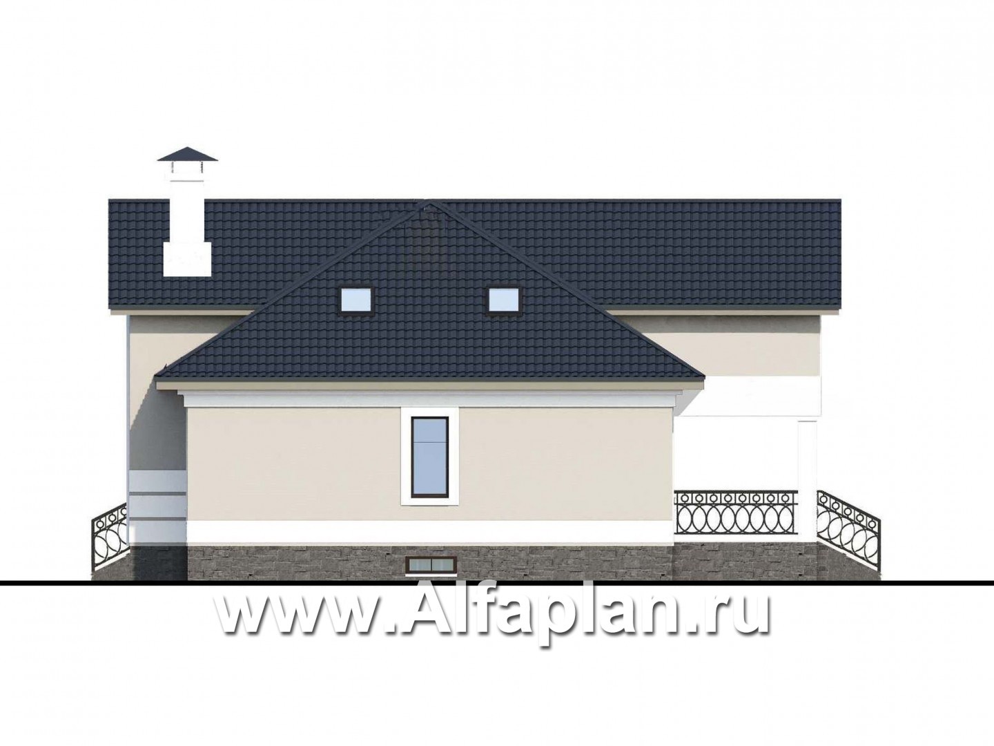 Проекты домов Альфаплан - «Волга» - коттедж с цоколем, тремя жилыми комнатами на 1 этаже и жилой мансардой - изображение фасада №2