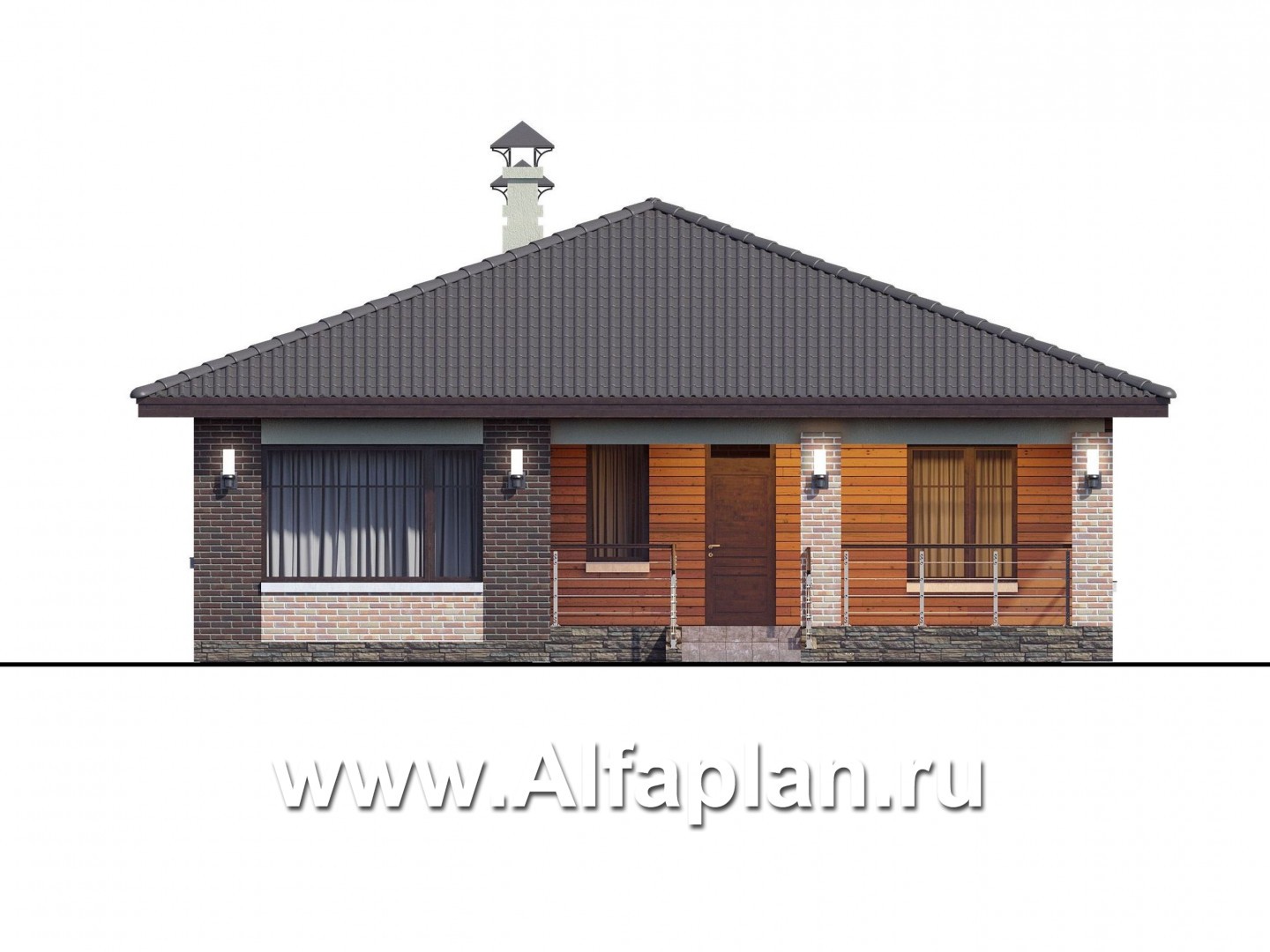 Проекты домов Альфаплан - «Онега» - проект одноэтажного дома с двумя спальнями - изображение фасада №1