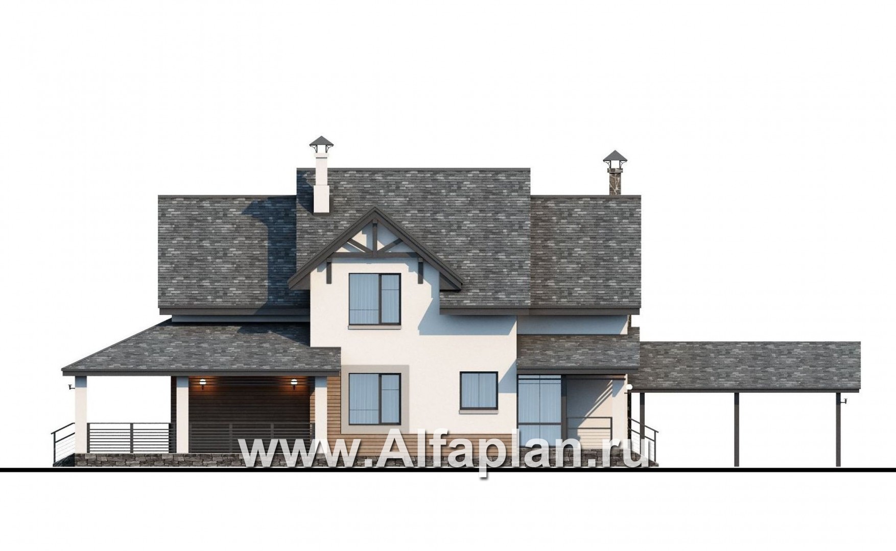 Проекты домов Альфаплан - «Роза ветров» - загородный дом с летней куxней и навесом для машин - изображение фасада №3