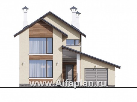 «Весна» - проект двухэтажного дома, планировка с террасой и с гаражом, в скандинавском стиле - превью фасада дома