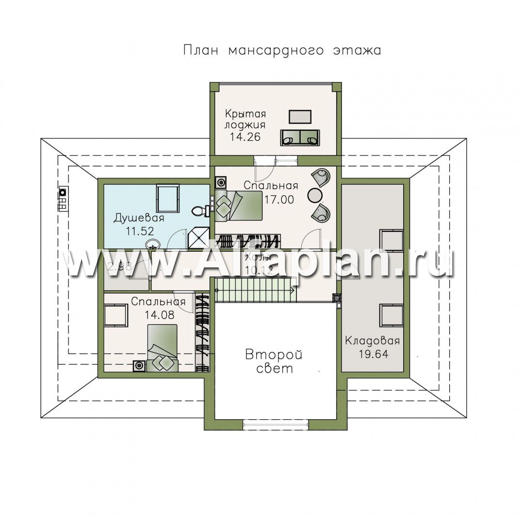 «Волга» - проект дома с мансардой, из газобетона, с террасой, планировка с тремя жилыми комнатами на 1 этаже и вторым светом  и гаражом, с гаражом - план дома
