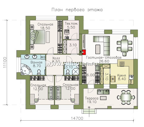Проекты домов Альфаплан - «Вуокса» - проект одноэтажного дома из кирпича с комфортной планировкой - превью плана проекта №1