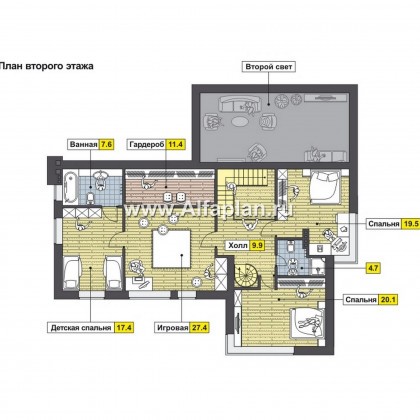 Проект дома с мансардой, планировка с кабинетом на 1 эт и со вторым светом гостиной, в скандинавском стиле - превью план дома