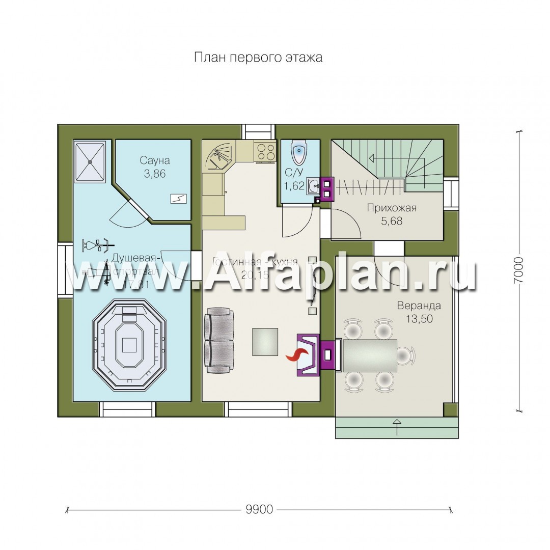 Проекты домов Альфаплан - Баня с террасой и студией в мансарде - план проекта №1