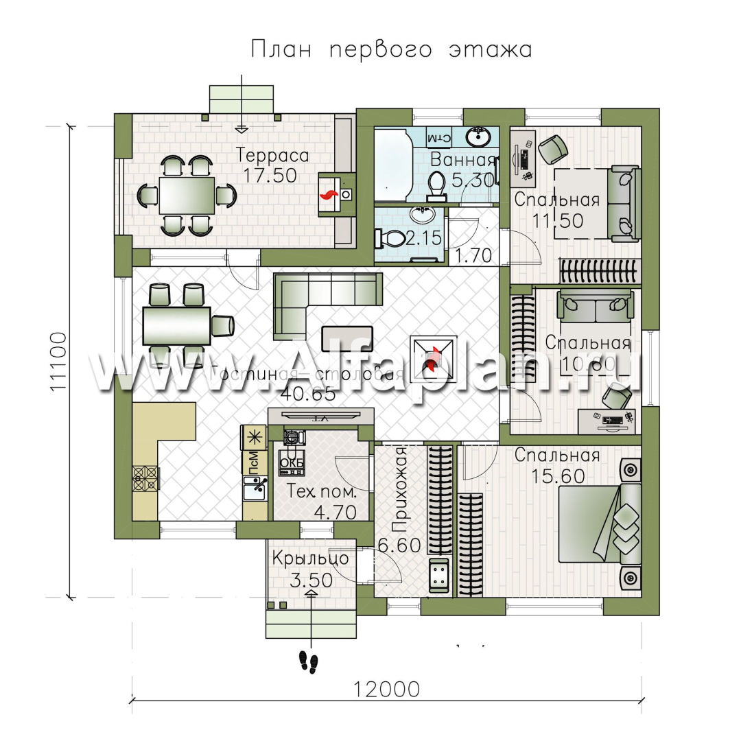 Проекты домов Альфаплан - «Калисто» - одноэтажный коттедж с островным камином в гостиной - изображение плана проекта №1