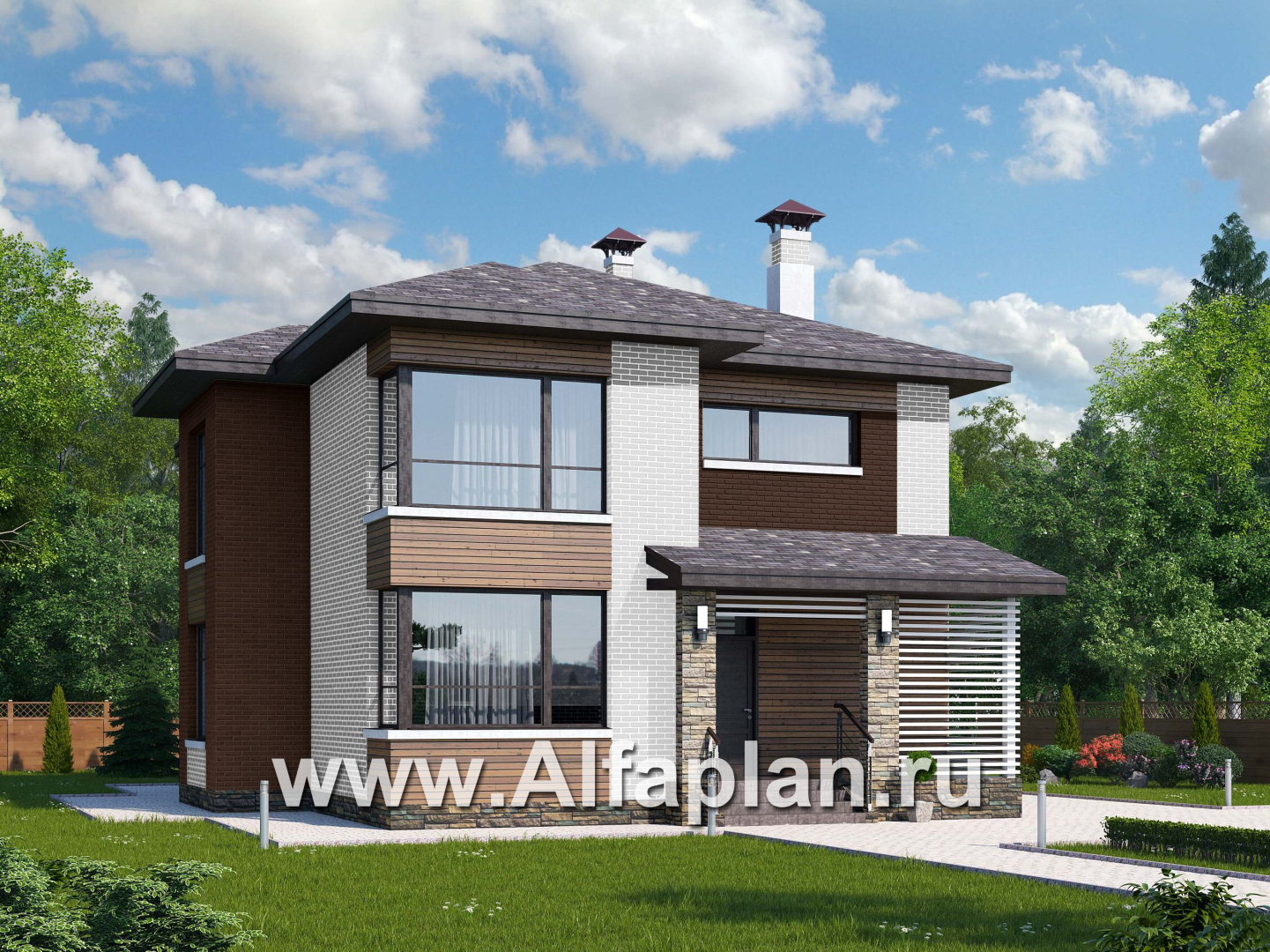 Проекты домов Альфаплан - «Эридан» - современный стильный дом с двусветной гостиной - основное изображение
