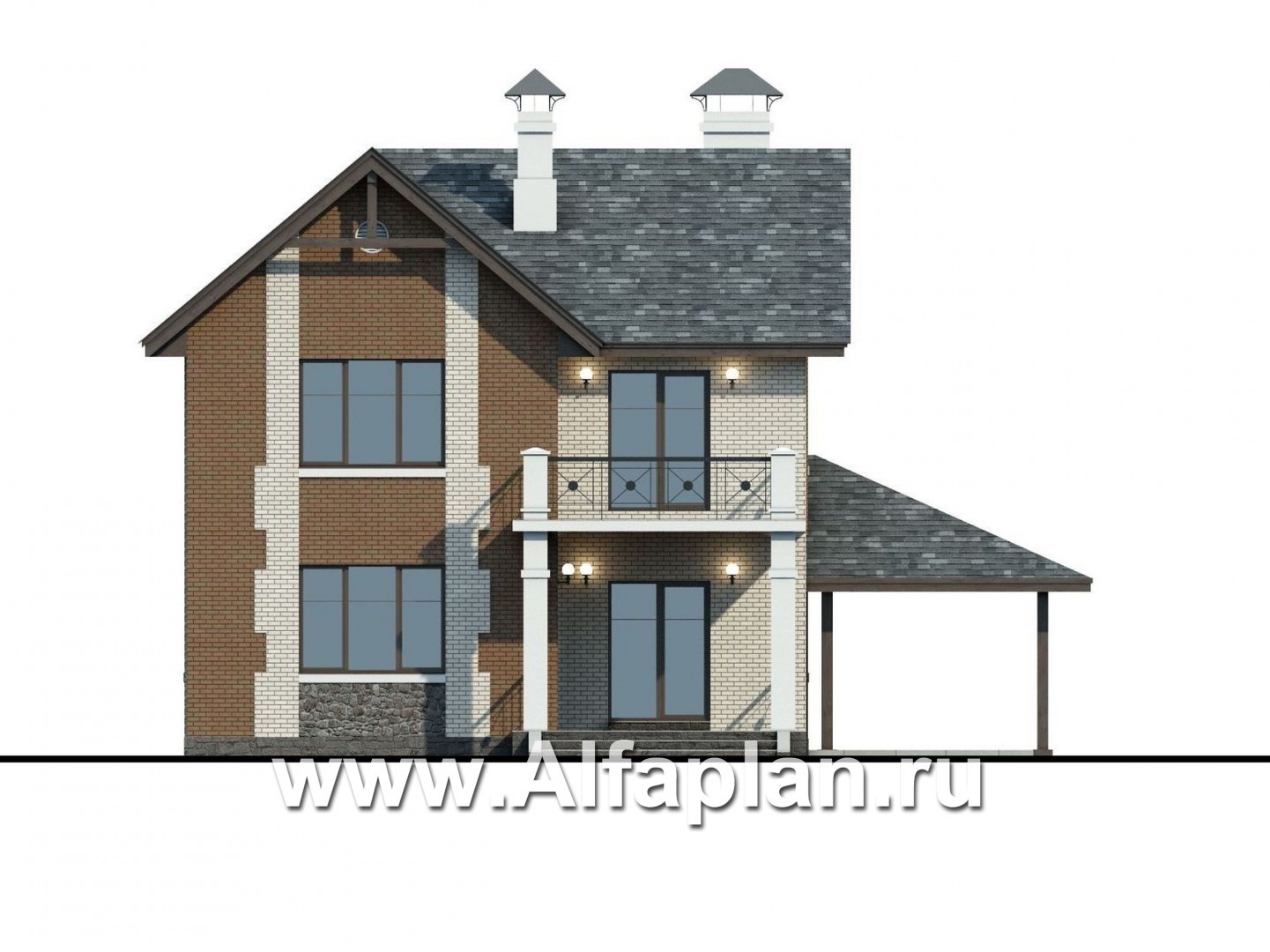 Проекты домов Альфаплан - «Галерея»- дом c балконом-галереей и навесом для авто - изображение фасада №1