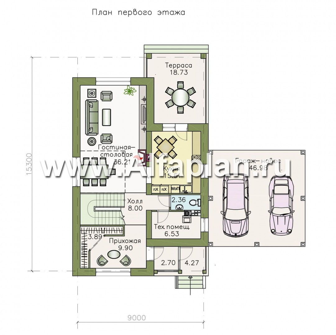 Проекты домов Альфаплан - «Галерея» - коттедж c балконом-галереей и навесом для авто - план проекта №1