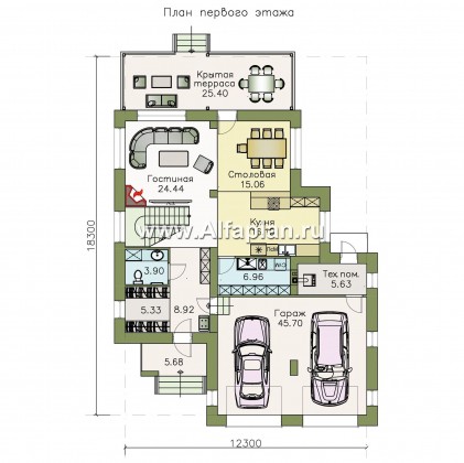 «Эвр» - проект двухэтажного дома с террасой и с гаражом на 2 авто, лестница в гостиной, с плоской кровлей, в стиле хай-тек - превью план дома